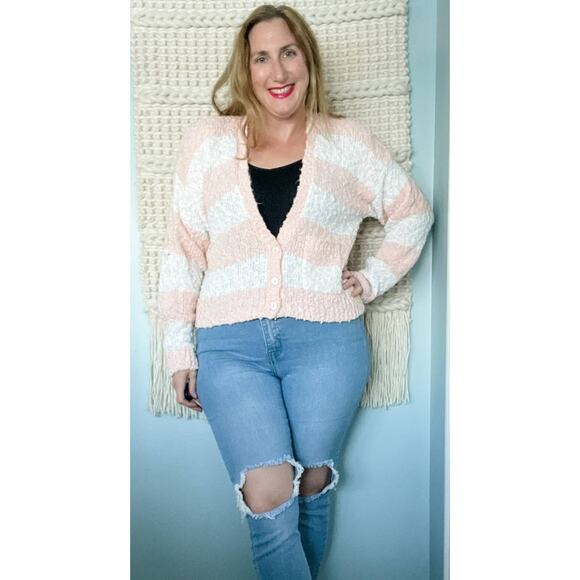 Vintage Deb boucle striped knit v-neck button down cardigan sweater size large L - Picture 6 of 7